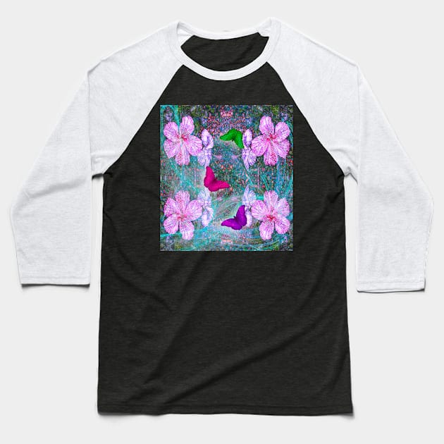 Fabulous pink hibiscus and vibrant butterflies Baseball T-Shirt by hereswendy